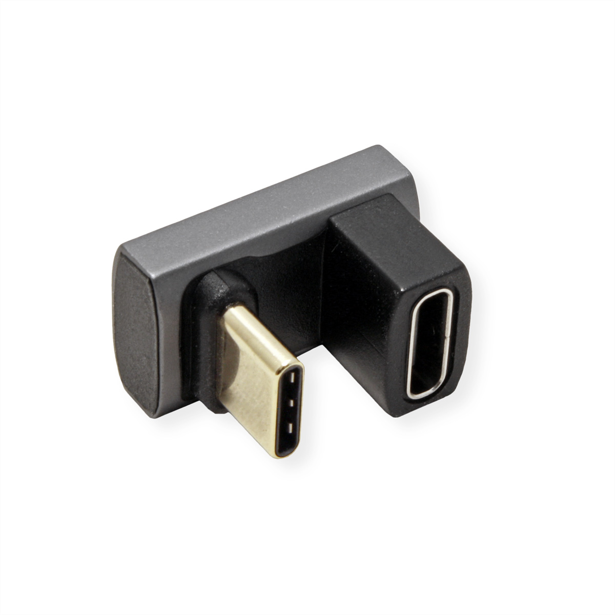 Adaptateur USB-C gris et noir coudé avec un connecteur doré. Fond blanc.