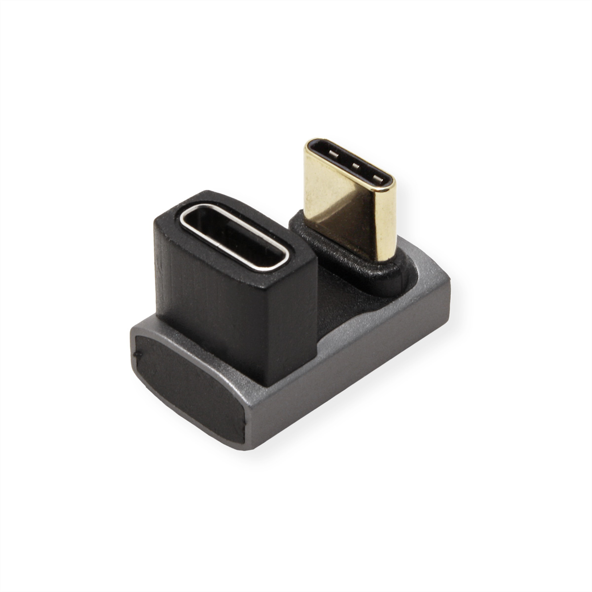 Un adaptateur USB-C vers USB-C avec un boîtier noir et gris et un connecteur doré.