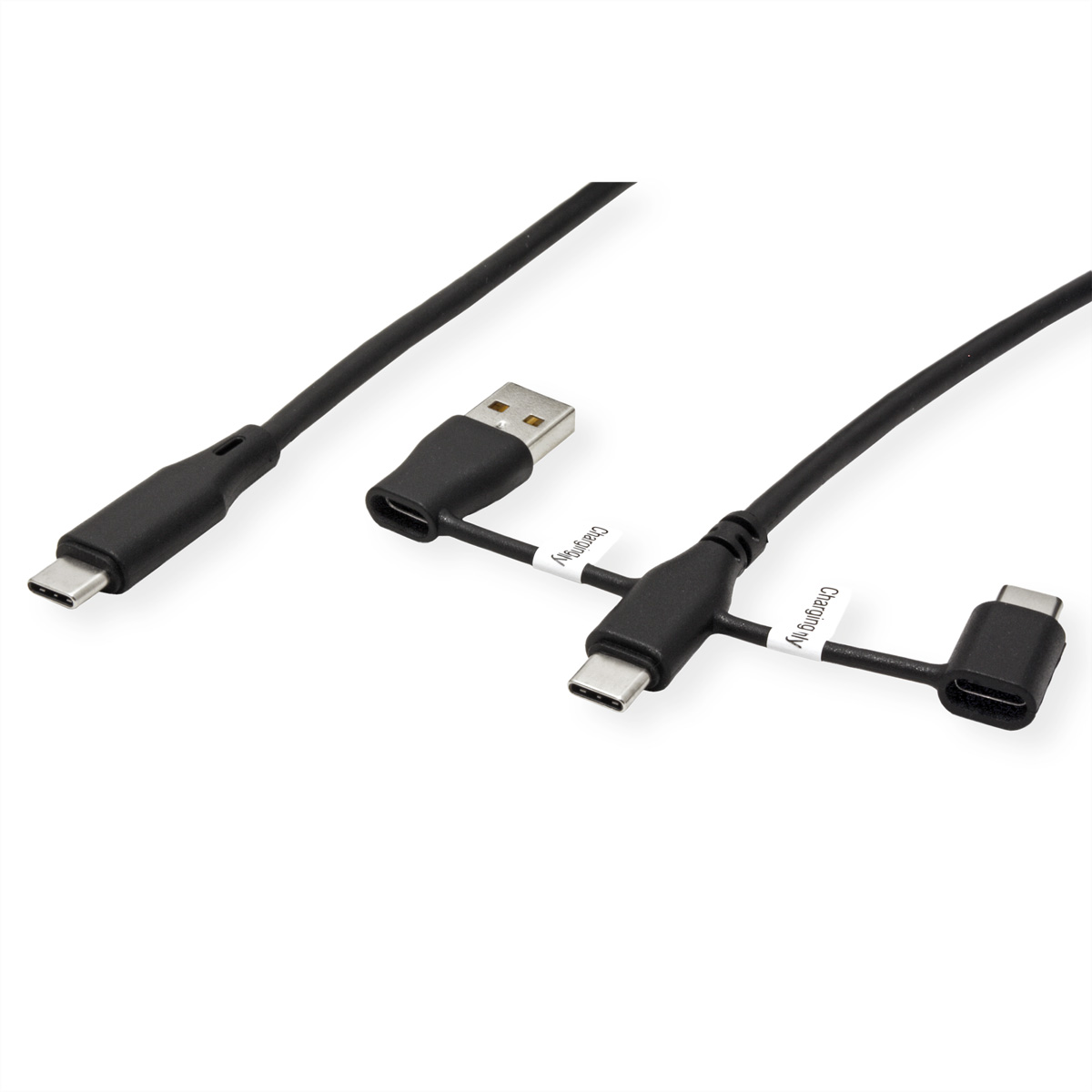 Câbles USB-C noirs avec un connecteur USB et USB-C sur fond blanc.