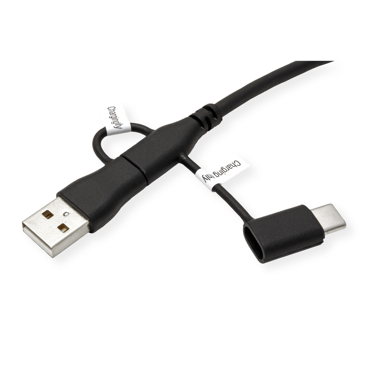 Un câble de charge USB noir avec un connecteur USB-A et USB-C, et deux étiquettes blanches.