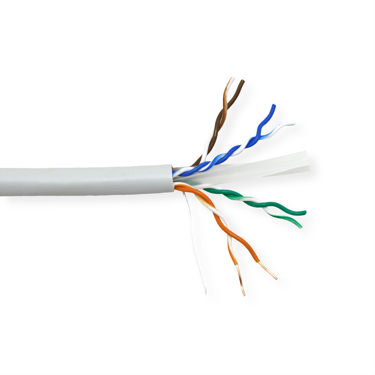 Estremità tagliata di un cavo grigio, che mostra fili colorati su sfondo bianco.