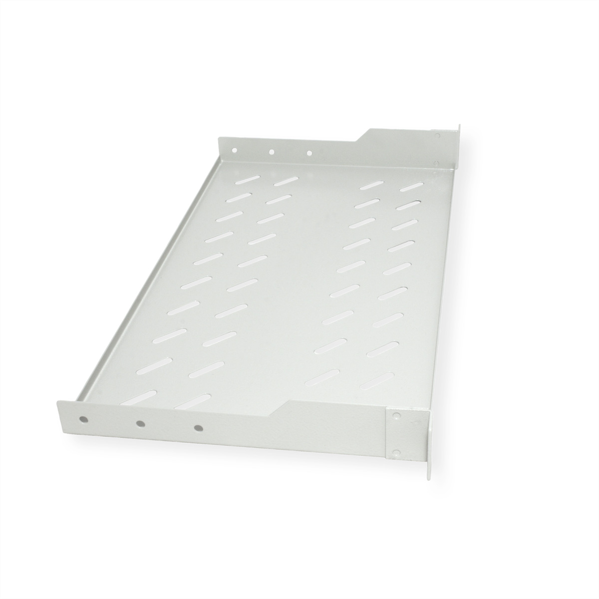 Mensola in metallo argentato con fessure di ventilazione, per montaggio in rack.