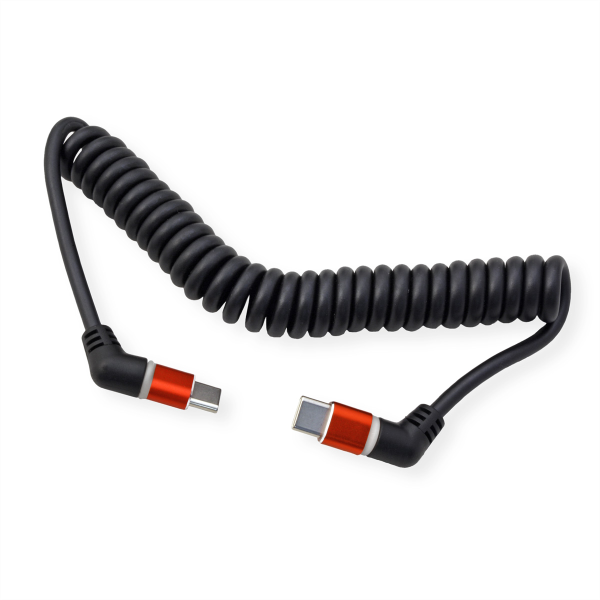 Câble spiralé noir avec deux connecteurs USB-C avec des accents rouges, sur fond blanc.