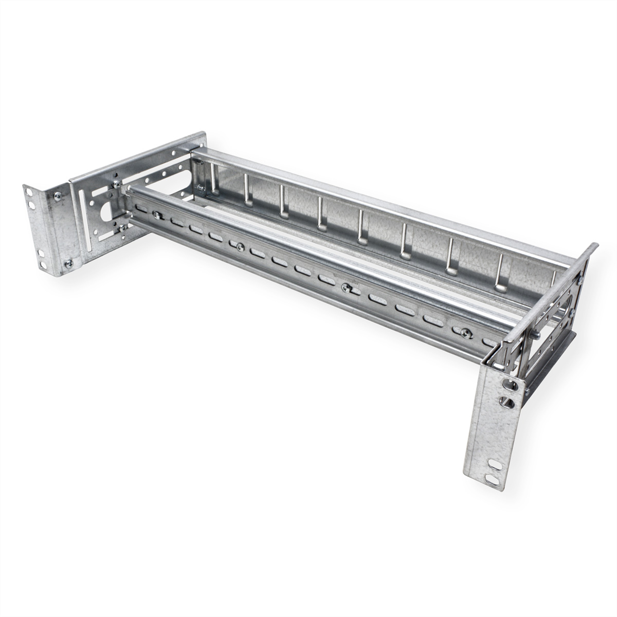 Un rack in metallo argentato con più fori di montaggio e sfondo bianco.