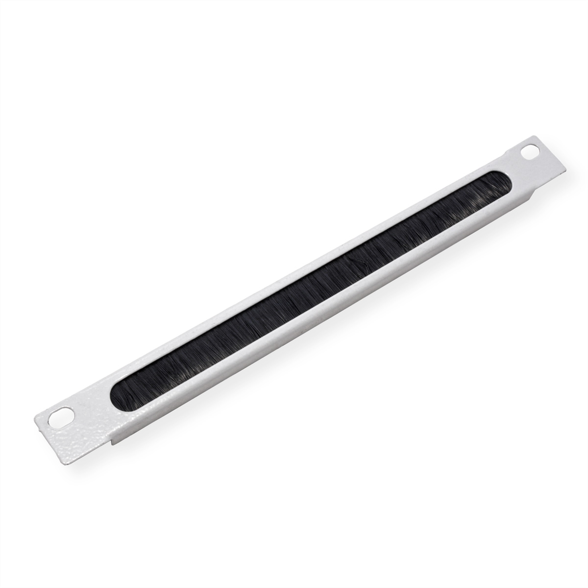 Una striscia di spazzole metalliche con una cornice bianca, con una spazzola nera all'interno. Angolata su sfondo bianco.