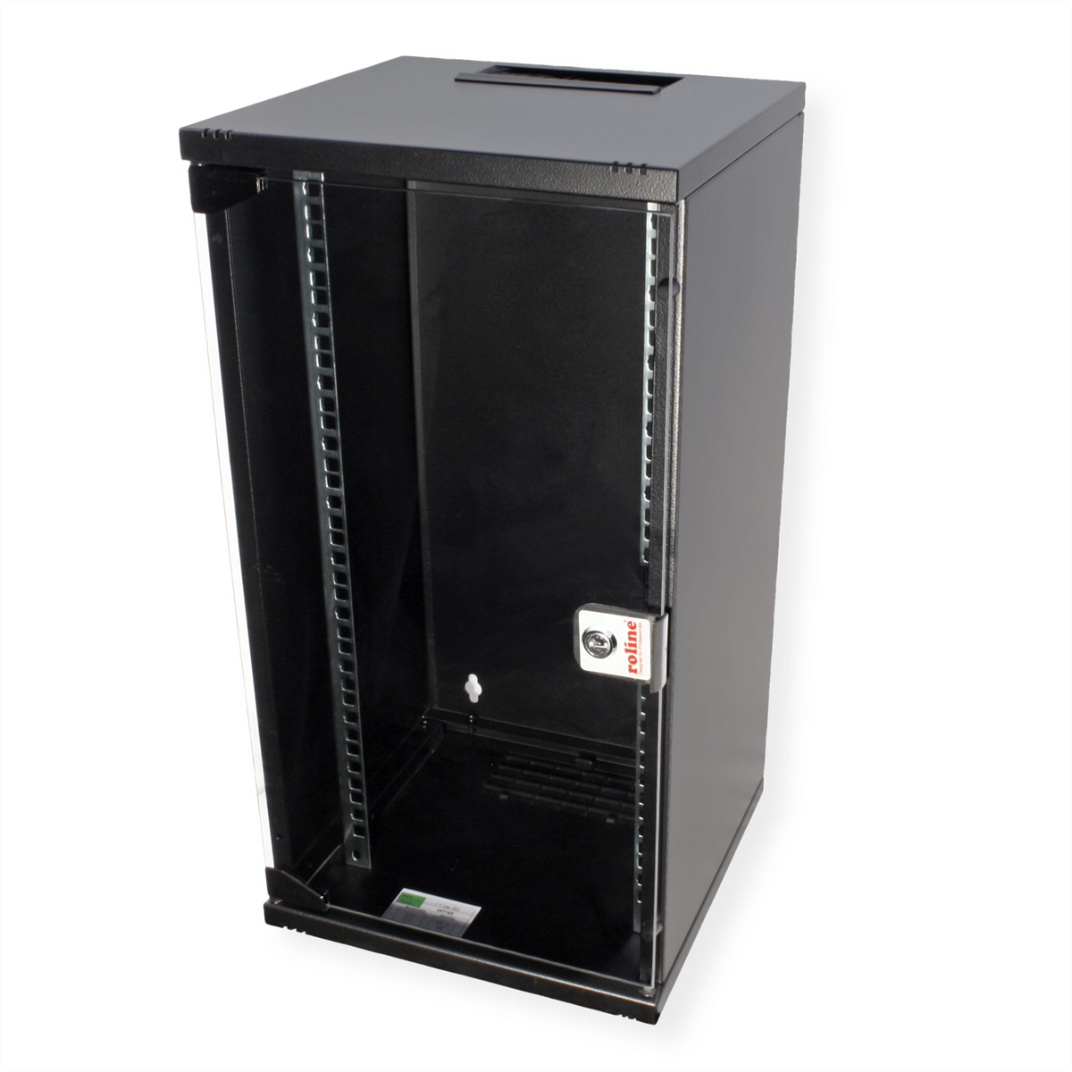Un armadio rack server nero con porta a vetro e serratura, su una superficie bianca.