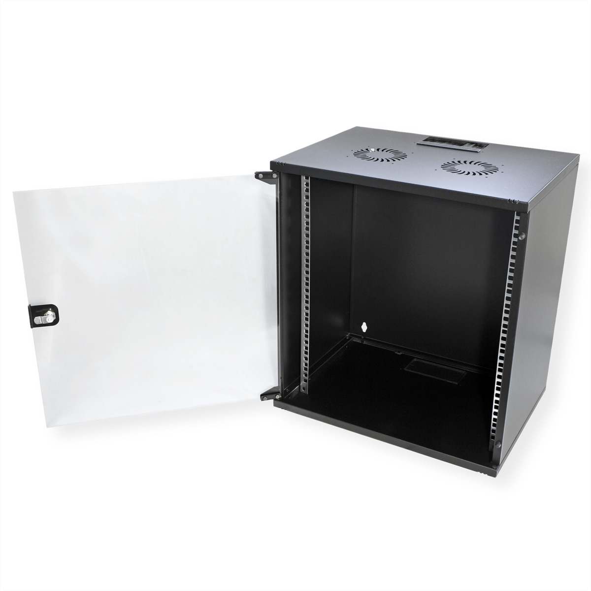 Un rack server nero con la porta aperta. L'interno è visibile, con guide di montaggio e ventole.