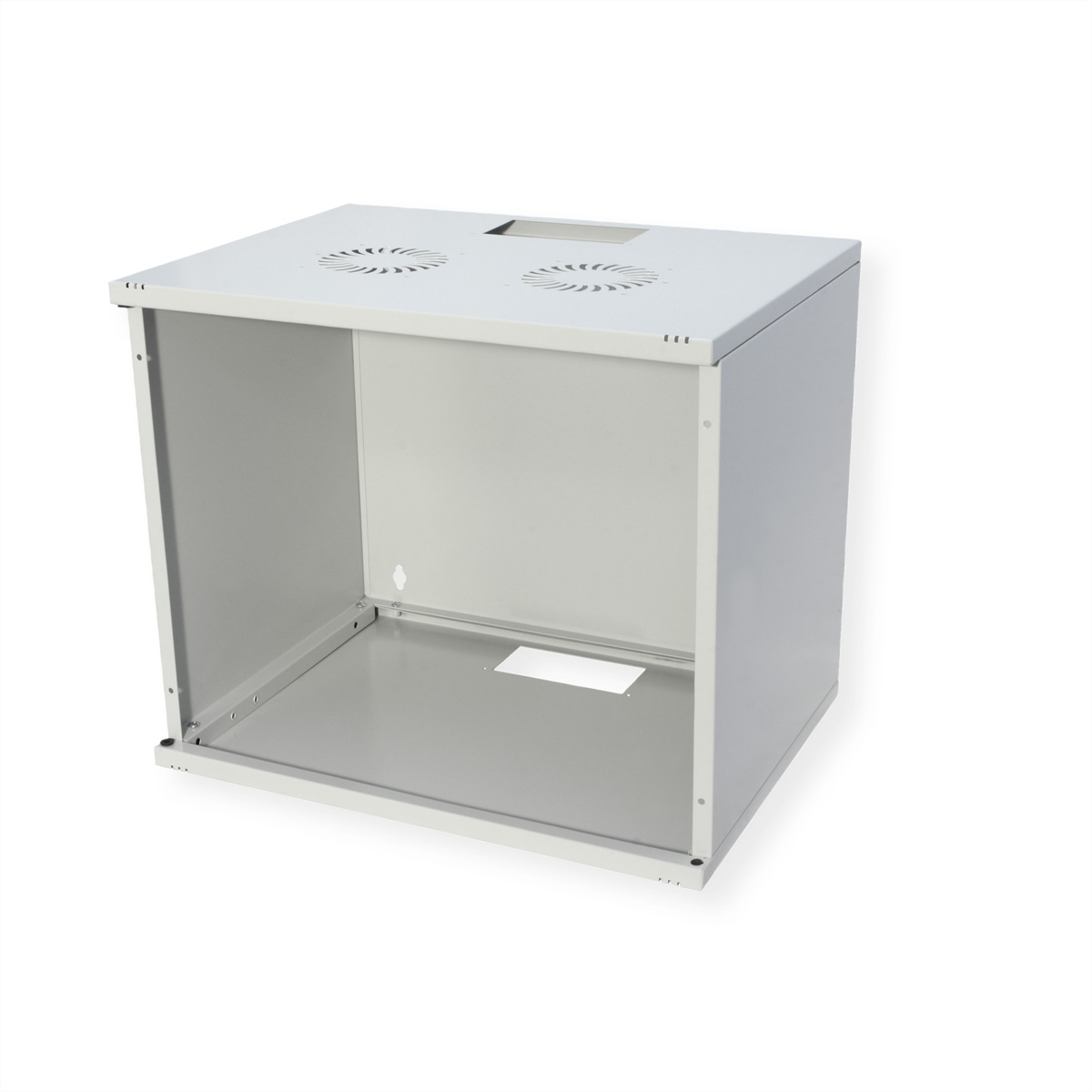 Scatola in metallo grigio, frontale aperto, con fori di ventilazione. Sfondo bianco, ben illuminato.