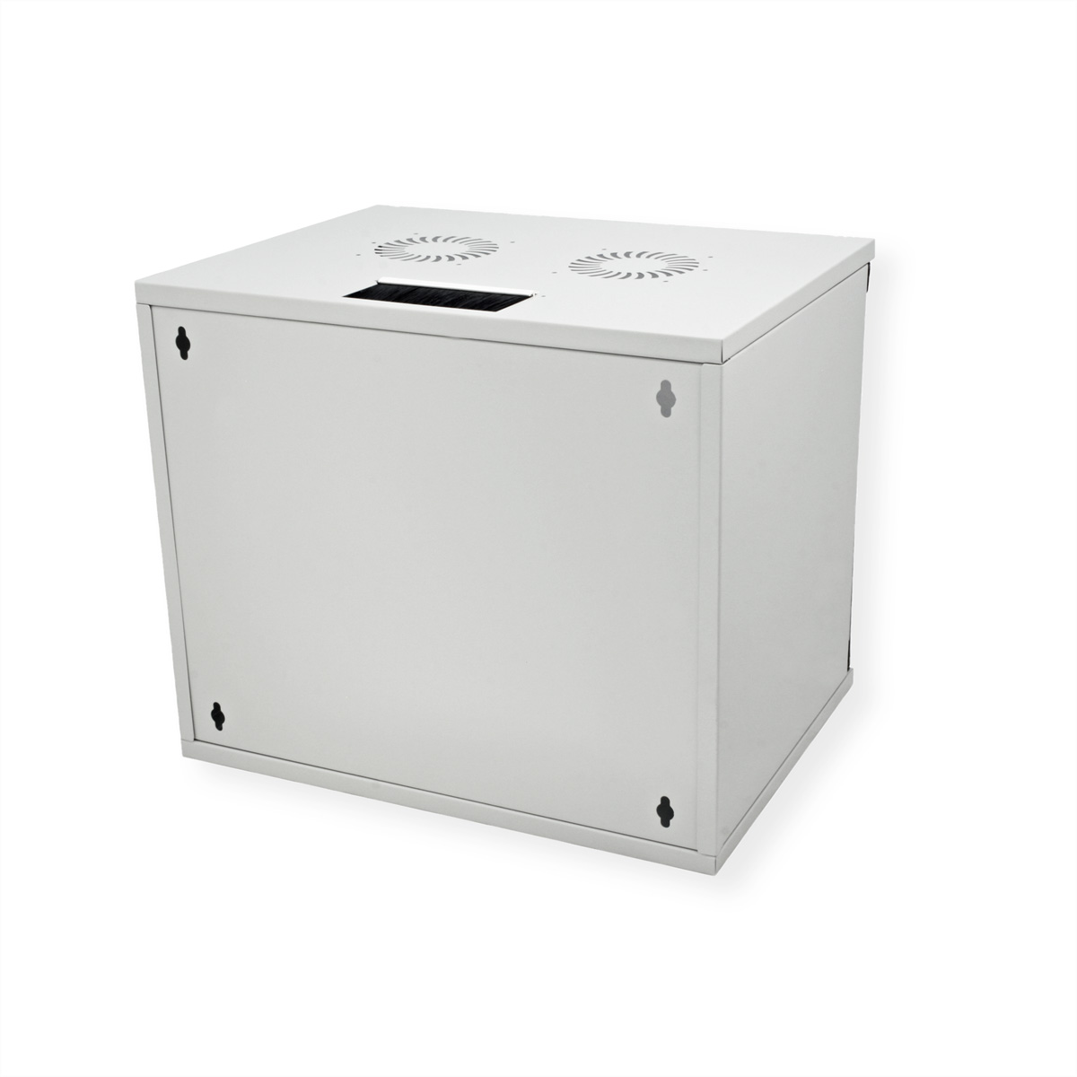 Mobile in metallo bianco, chiuso, con fori di ventilazione. Sfondo bianco, ben illuminato.