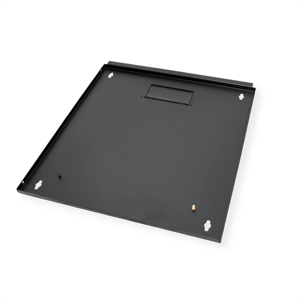Base per ripiano in metallo nero con fori di montaggio. Sfondo bianco, ben illuminato.