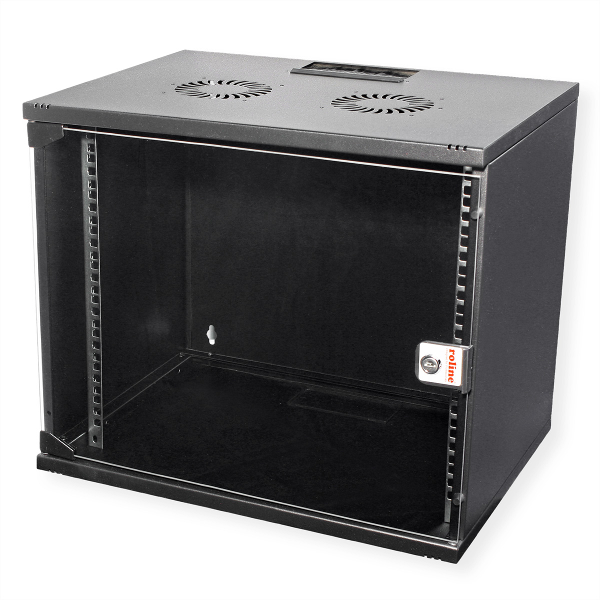 Rack di rete nero con porta in vetro, serratura a chiave e ventole. La porta è chiusa, con il logo Roline.