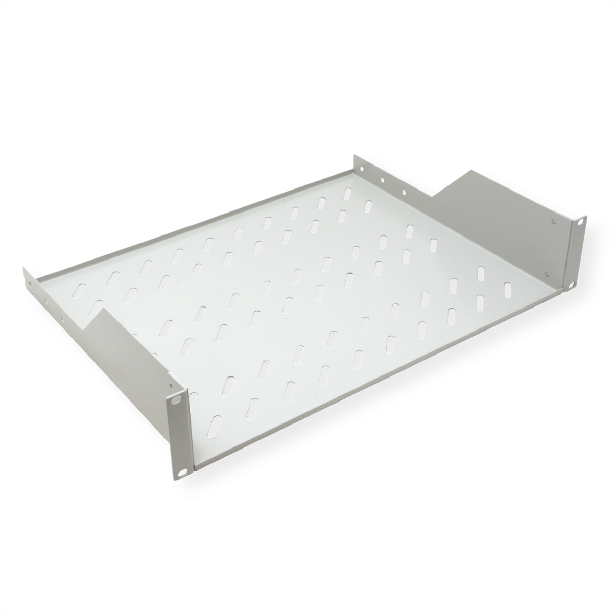Ripiano rack argentato con fori perforati e guide laterali. Sfondo bianco.