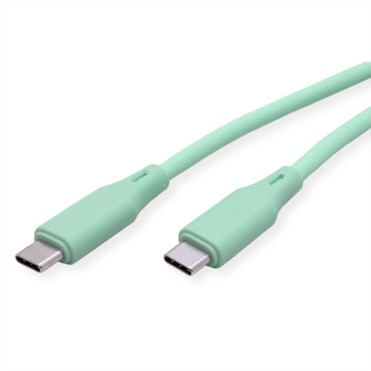 Deux câbles USB-C vert menthe avec connecteurs aux deux extrémités. Fond blanc.