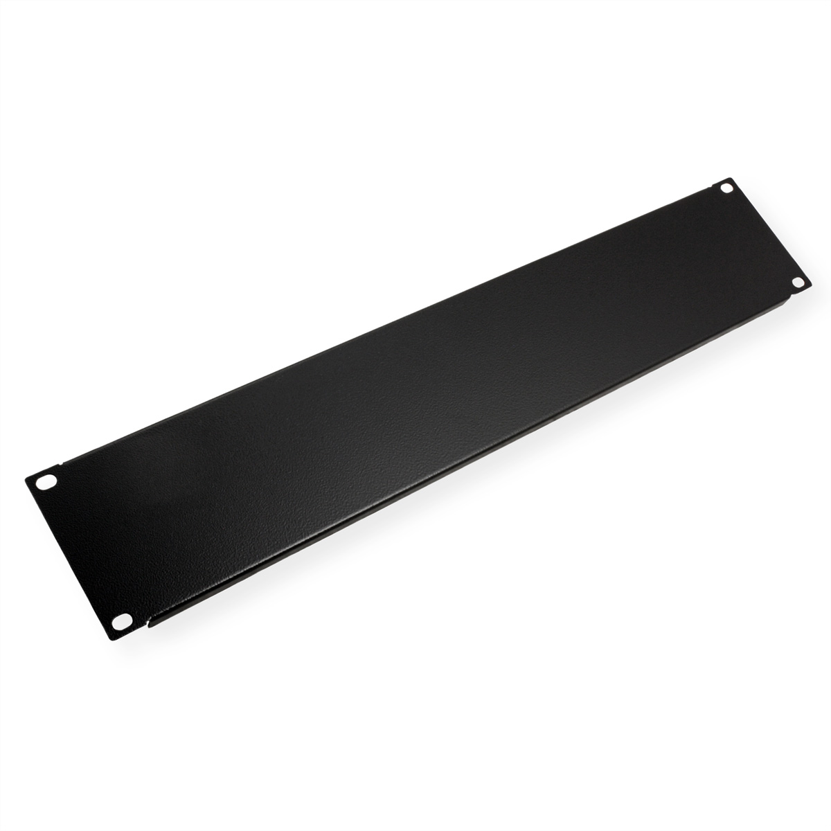 Pannello in metallo nero con angoli arrotondati. È piatto e rettangolare. Sfondo bianco.