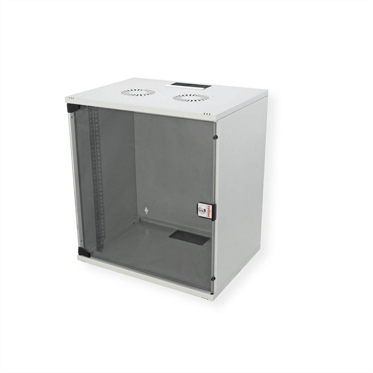 Armadio rack bianco con porta trasparente e prese d'aria. Sfondo bianco.