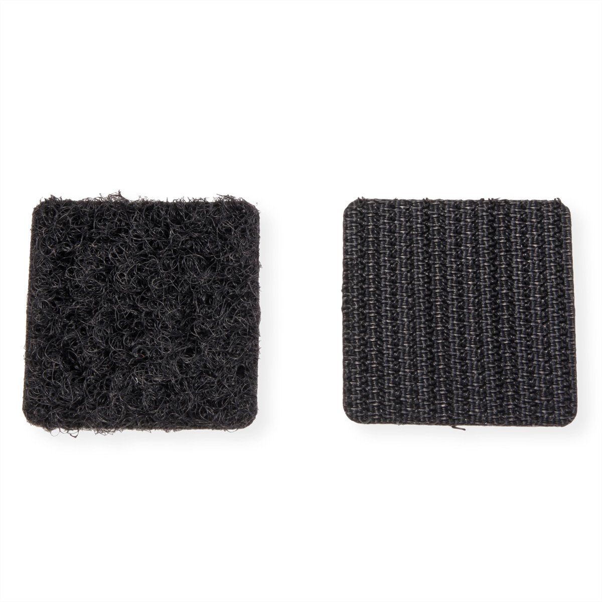 Zwei schwarze Klettquadrate, eines flauschig, eines mit Schlaufen, nebeneinander.