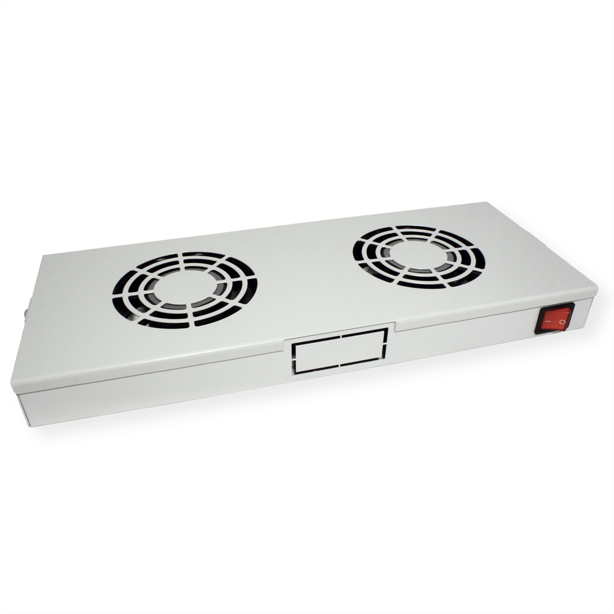 Viene mostrato un dispositivo elettronico bianco con due ventole e un interruttore su uno sfondo bianco.