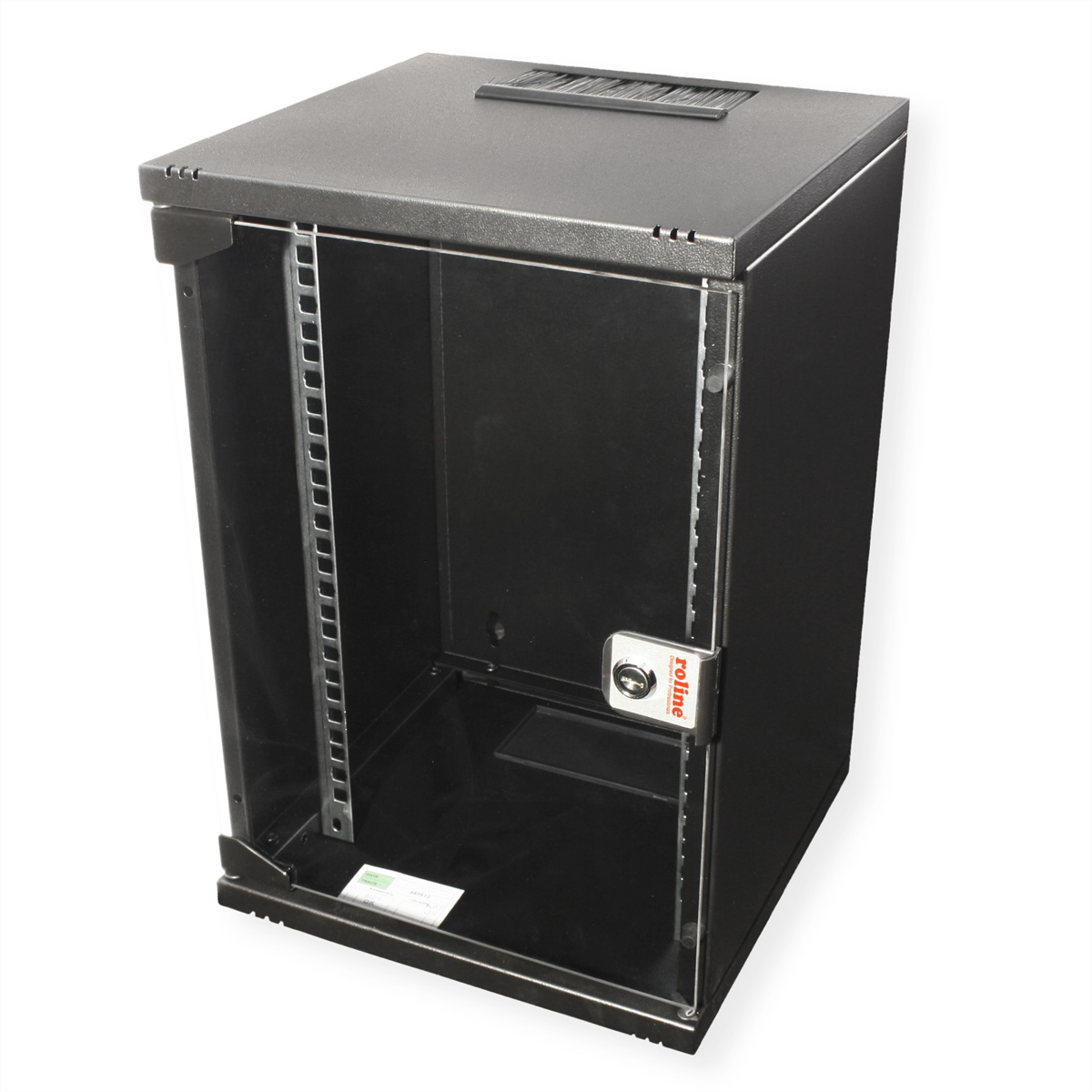 Rack server nero con porta a vetro e serratura a chiave. Sfondo bianco.