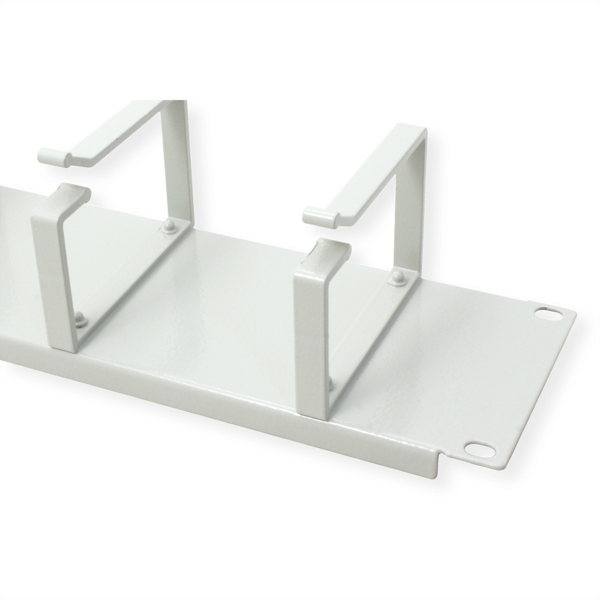 Staffa in metallo bianco con due supporti. Sfondo bianco.