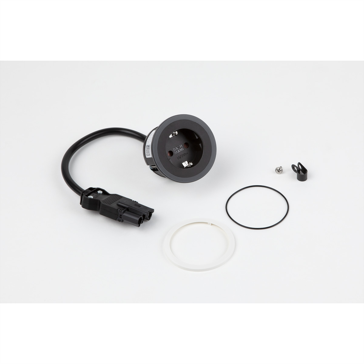 A power outlet with a black cable and a connector. There are rings and a clip. White background.