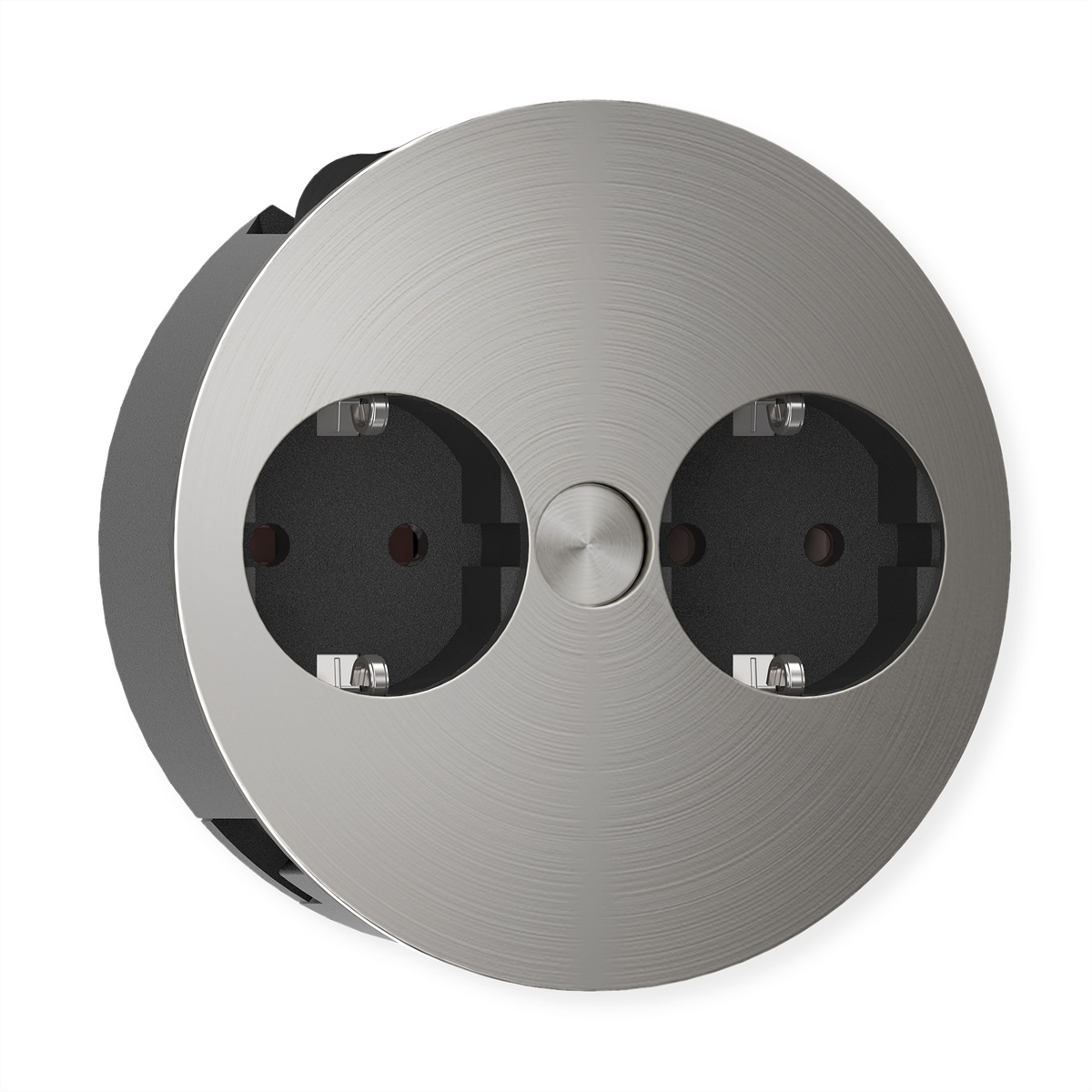 Okrągłe gniazdo zasilania ze szczotkowanego metalu z dwoma czarnymi gniazdami. Tło jest białe.