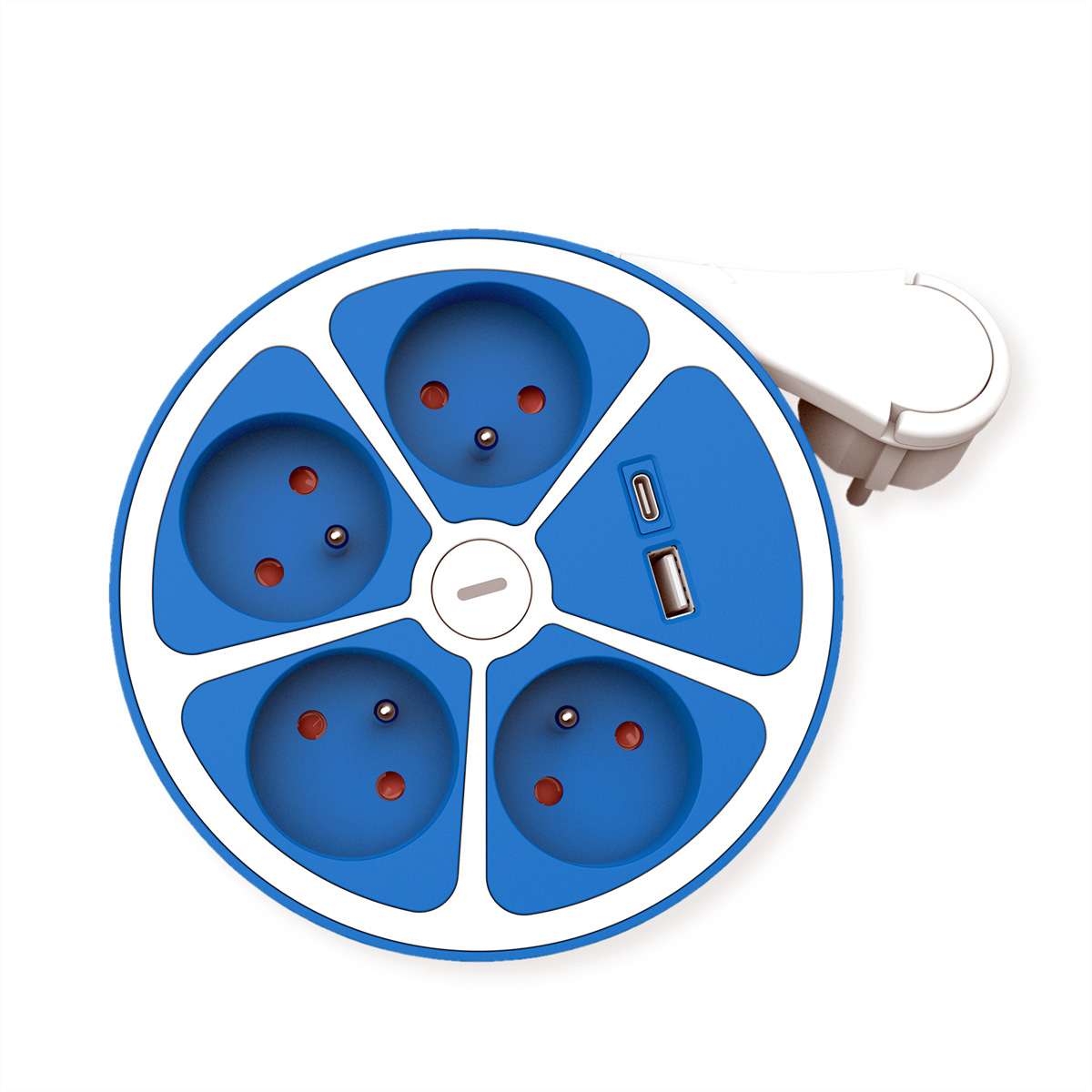 Multiprise bleue et blanche avec cinq prises et ports USB. Une prise blanche est attachée sur le côté.