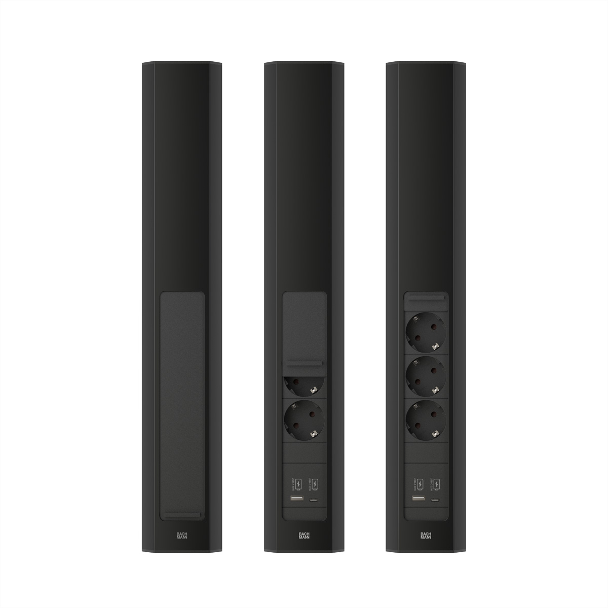 Drei schwarze Stromsäulen, jede mit Steckdosen und USB-Anschlüssen. Auf weißem Hintergrund.