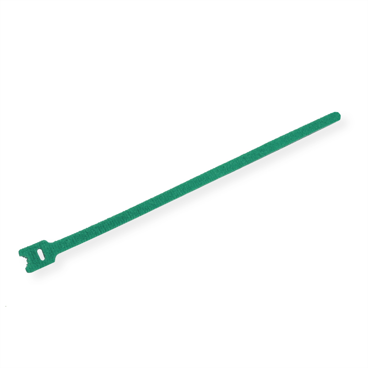 Fascetta verde, posizionata diagonalmente su una superficie bianca. Ha una testa con un foro.