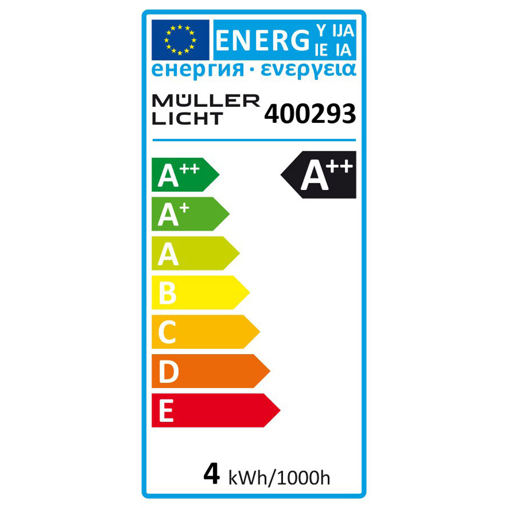 Etykieta energetyczna firmy Muller Licht, z oceną A++. Etykieta wyświetla klasy efektywności energetycznej od A++ do E, z 4 kWh/1000h.