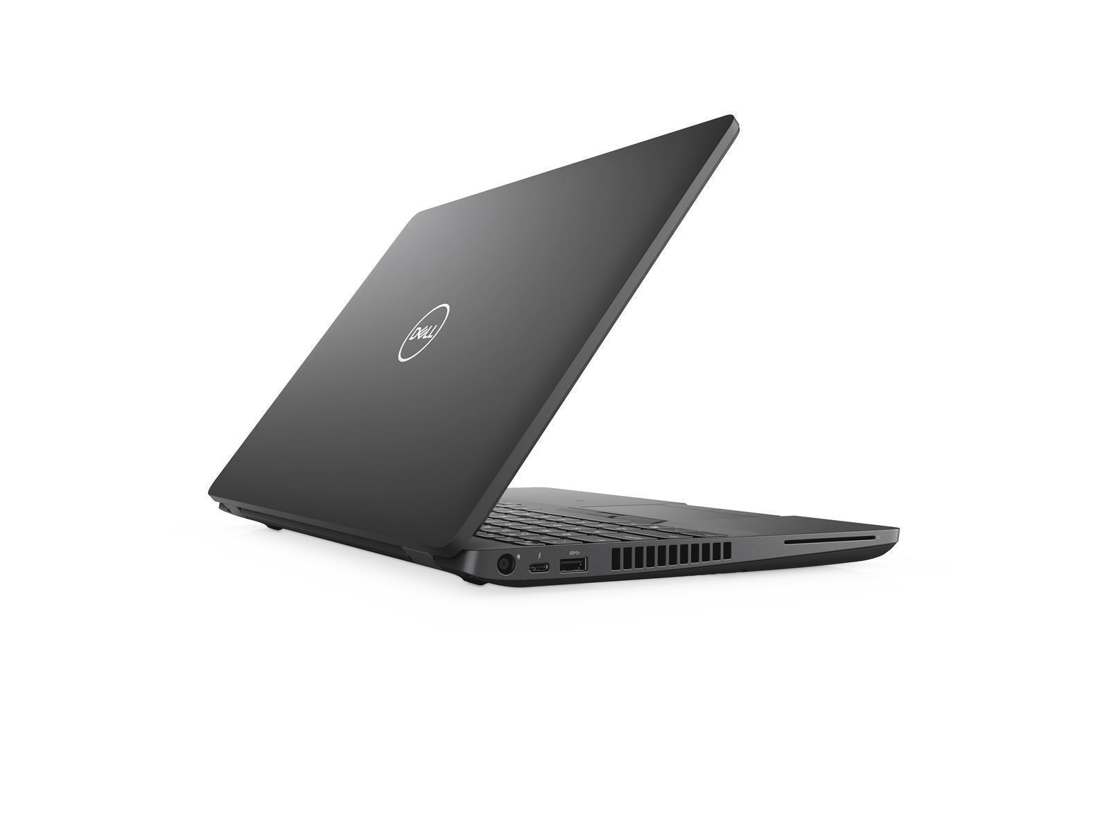 Schwarzer Dell-Laptop, der in einem Winkel geöffnet ist und die Tastatur zeigt. Weißer Hintergrund.