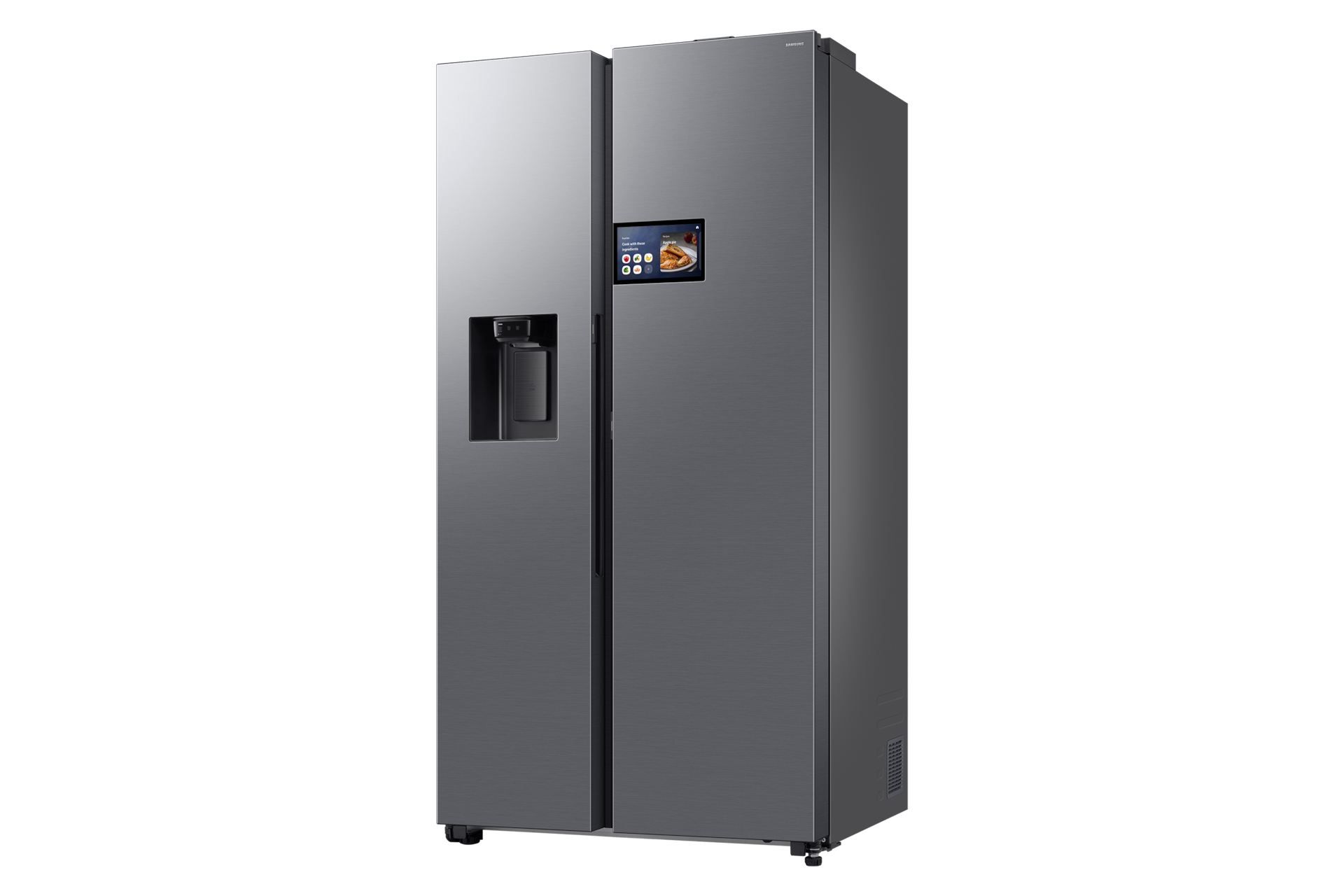 A dark gray Samsung side-by-side refrigerator with a touchscreen and water dispenser against a black background.