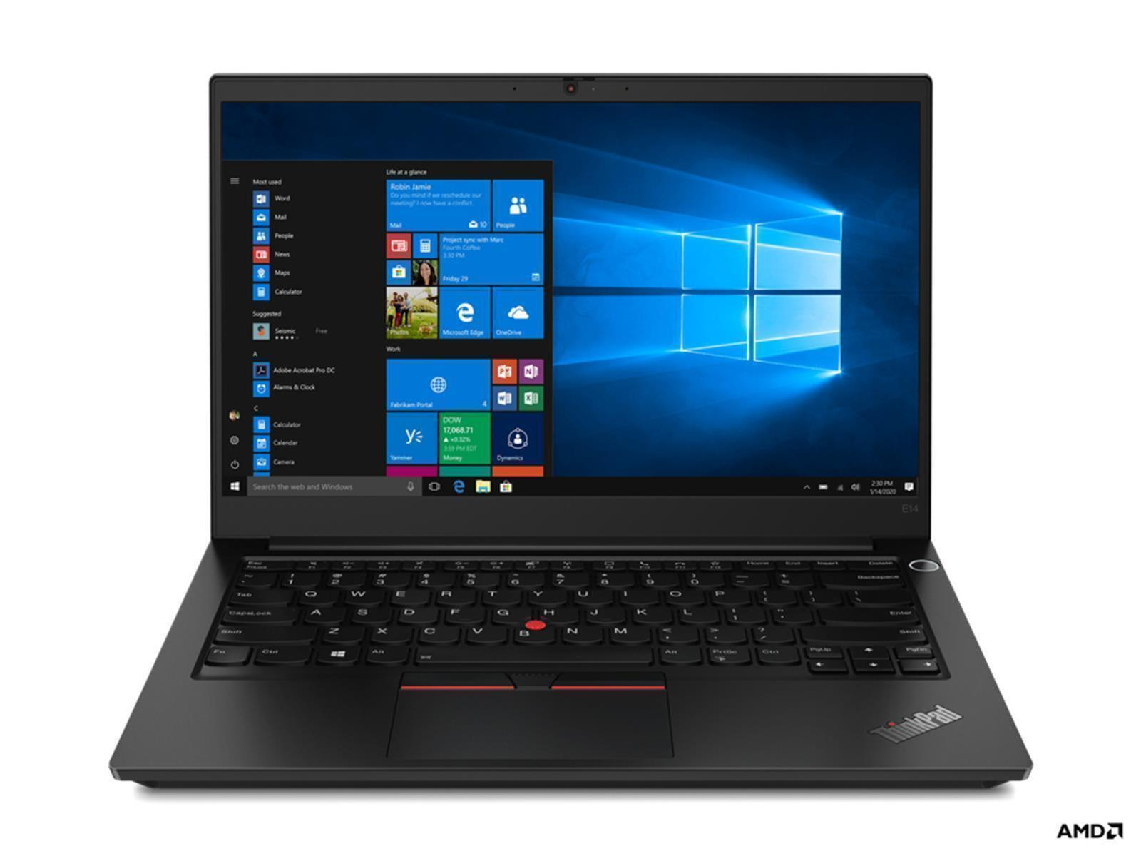 Schwarzer Laptop mit Tastatur, Windows-Bildschirm, auf weißem Hintergrund. ThinkPad-Logo.