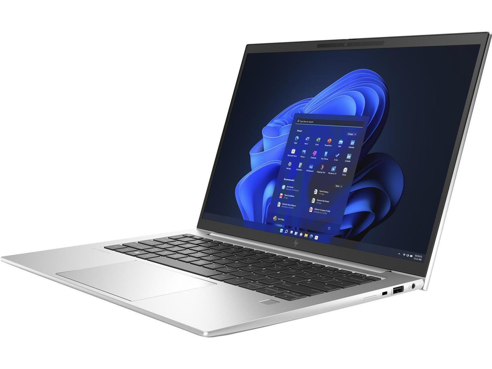 Silberner Laptop mit Tastatur, Bildschirm mit Windows-Oberfläche, auf weißem Hintergrund.