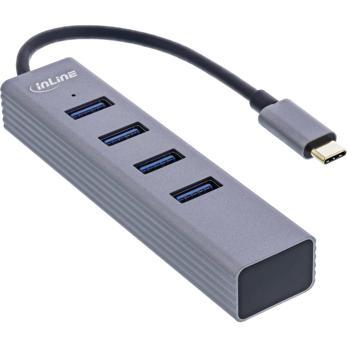 Viene visualizzato un hub USB grigio con quattro porte e un cavo nero.