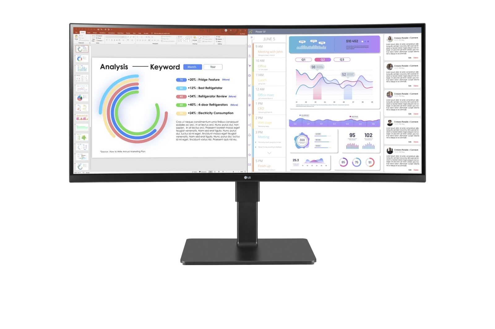 Un monitor largo visualizza grafici e dati su uno sfondo bianco.