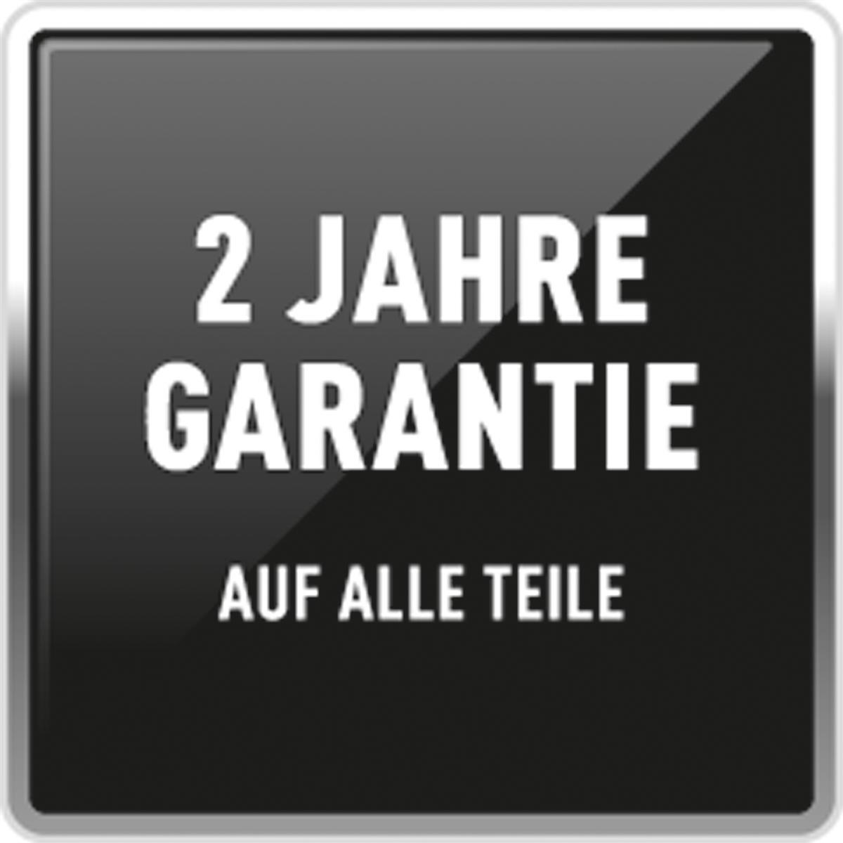 Ein schwarzes Quadrat mit silbernem Rand und dem Text '2 JAHRE GARANTIE AUF ALLE TEILE'.