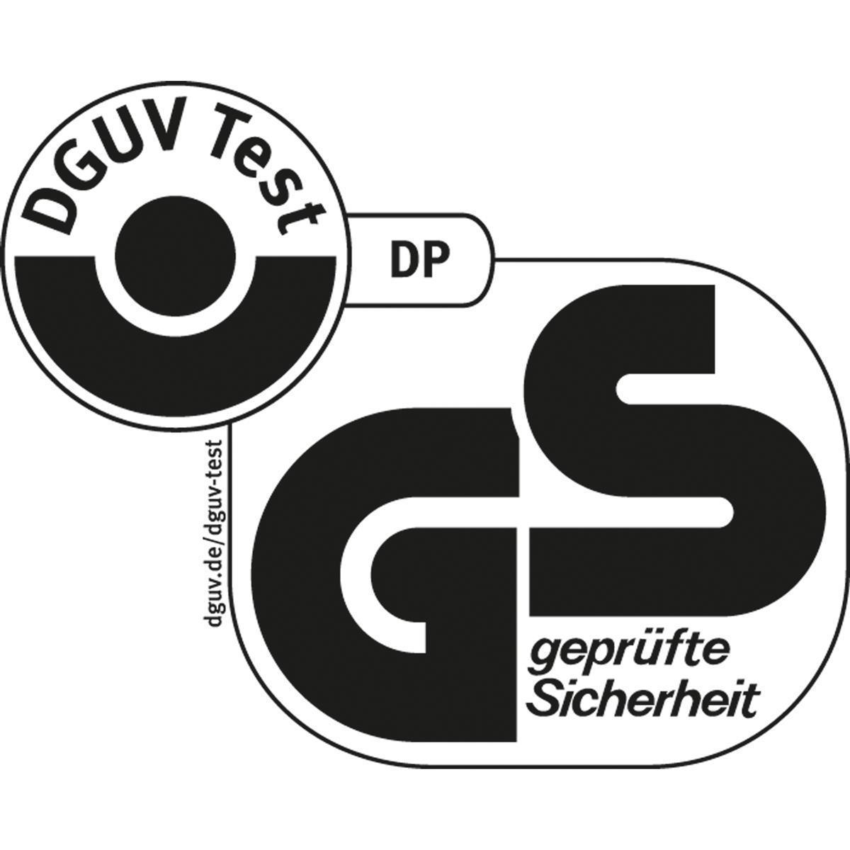 Ein Schwarz-Weiß-Logo mit dem Text „DGUV Test“ und „GS geprüfte Sicherheit“. Das Logo ist kreisförmig.