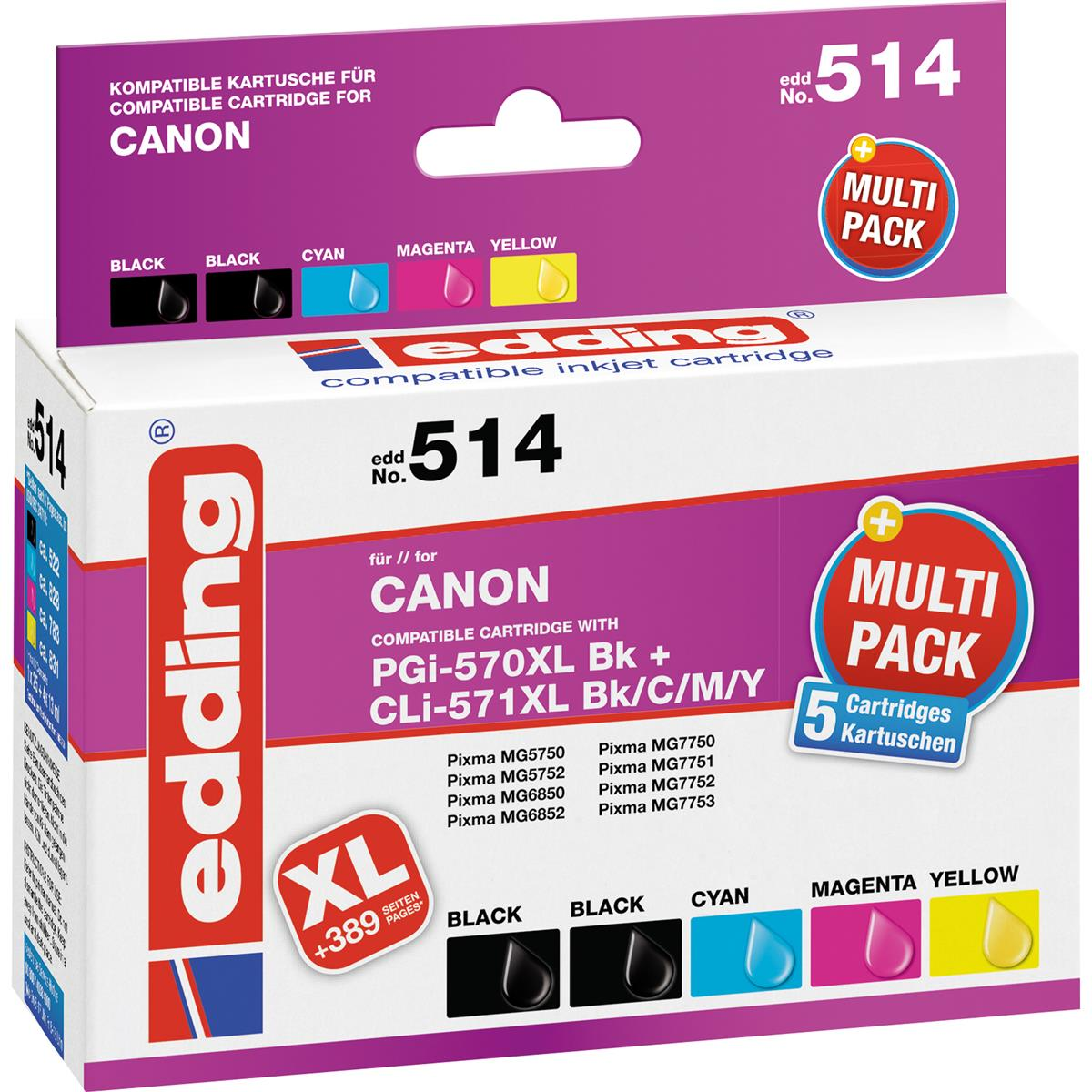 Eine Schachtel mit Edding-Tintenpatronen für Canon-Drucker. Die Schachtel ist weiß mit roten und blauen Akzenten.