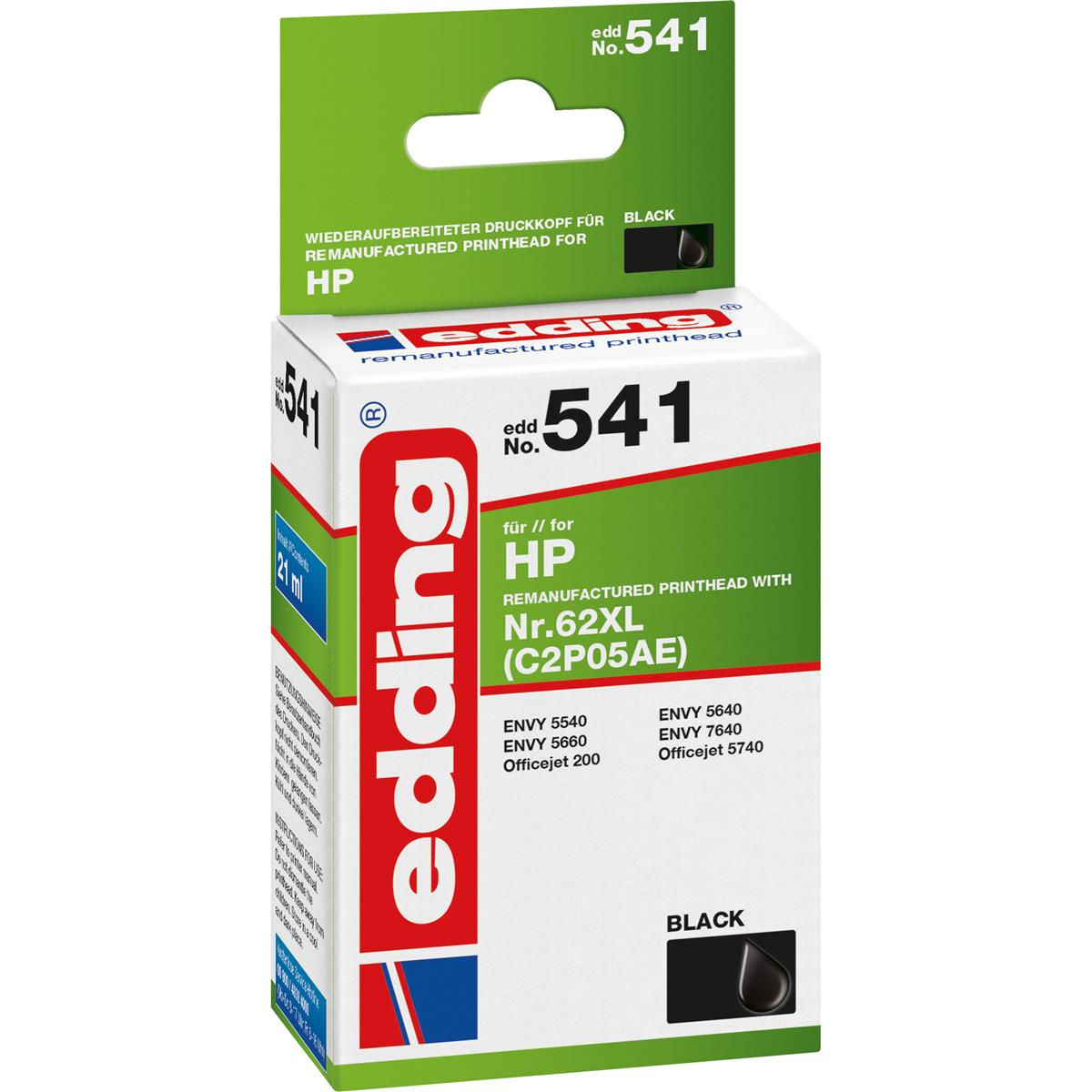 Eine weiße und rote Schachtel mit Edding-Tintenpatronen für HP-Drucker, beschriftet mit '541' und 'BLACK'.