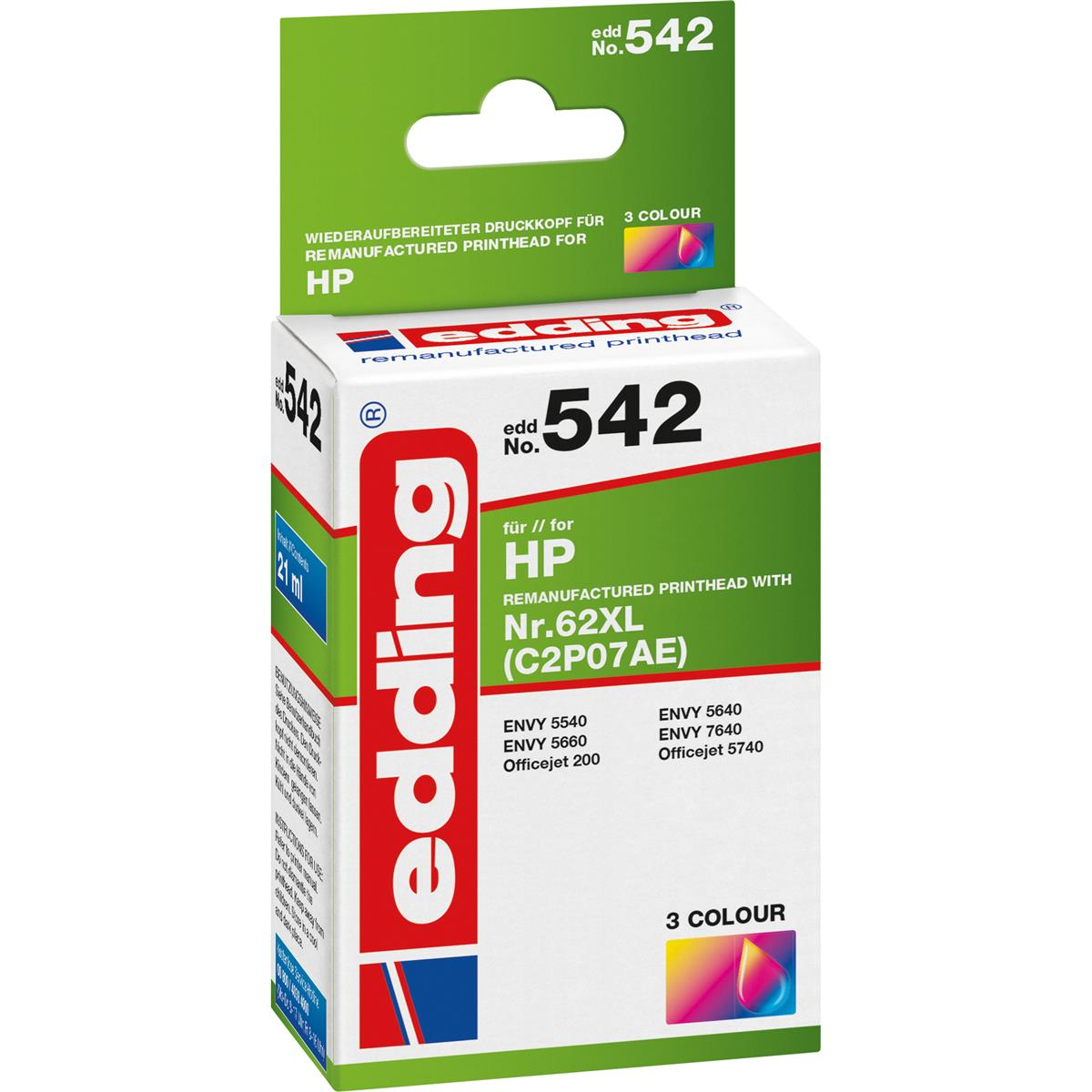 Eine weiße und rote Schachtel mit Edding-Tintenpatronen für HP-Drucker, beschriftet mit '542' und '3 COLOUR'.