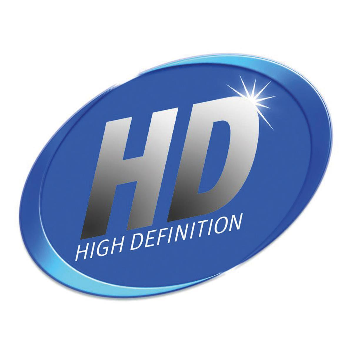 Niebieski owal z tekstem 'HD HIGH DEFINITION' i grafiką gwiazdy.