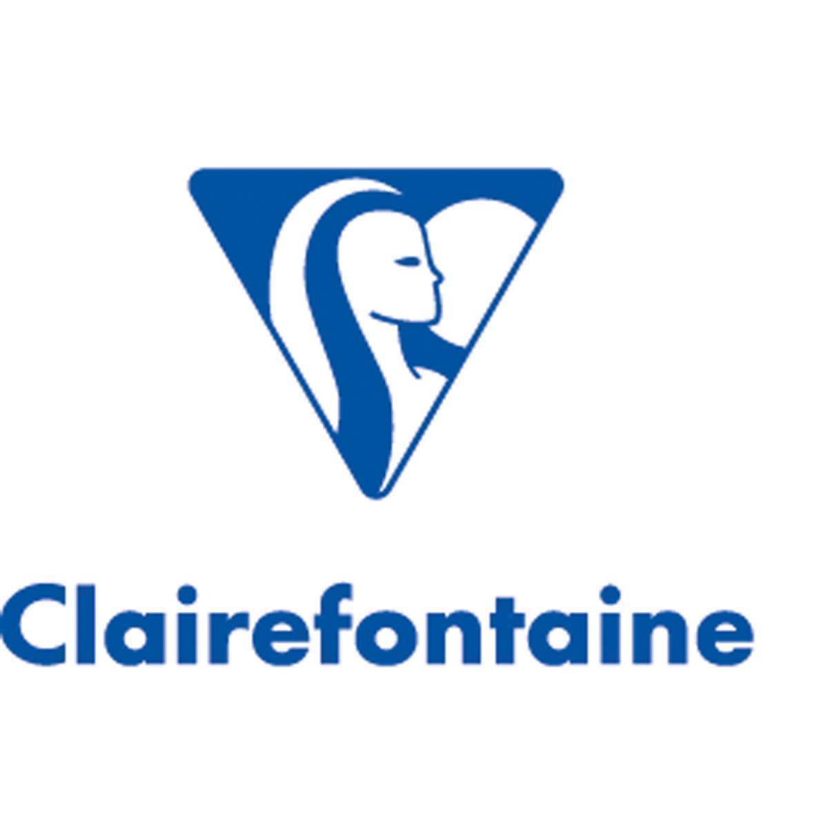 Logotipo de Clairefontaine: un triángulo azul con la silueta de una mujer y el nombre de la marca debajo.
