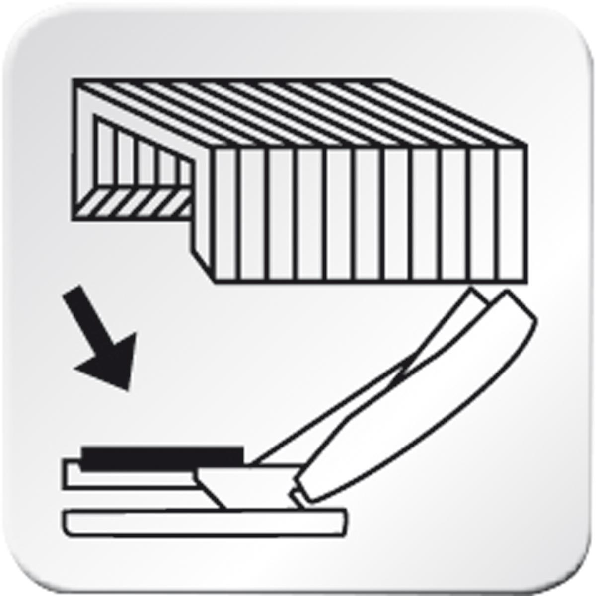 Illustration zur Beladung eines Tacker mit Heftklammern, mit Pfeil zur Richtung.