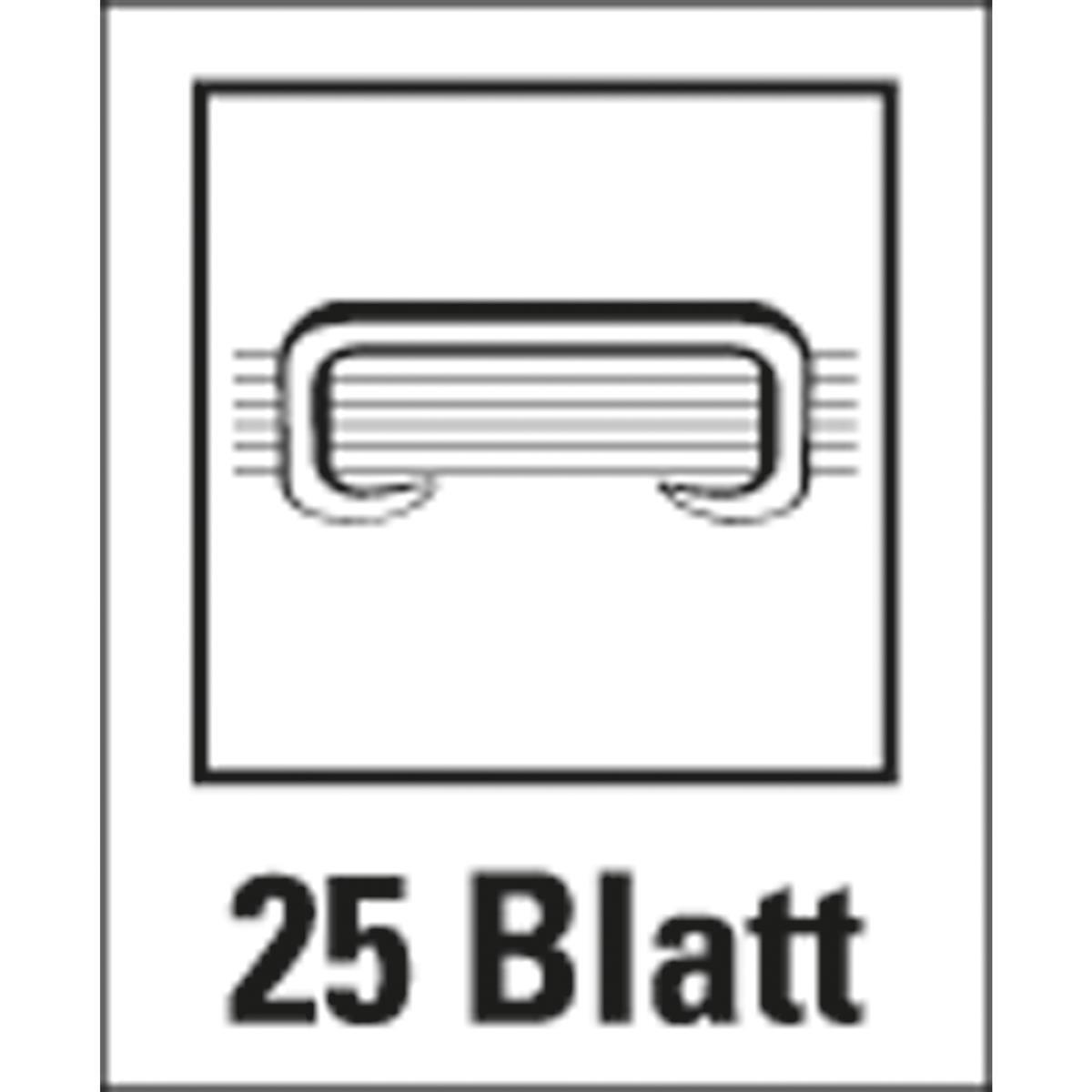Ein Schwarz-Weiß-Bild eines Klammersymbols in einem Quadrat mit dem Text '25 Blatt' darunter.