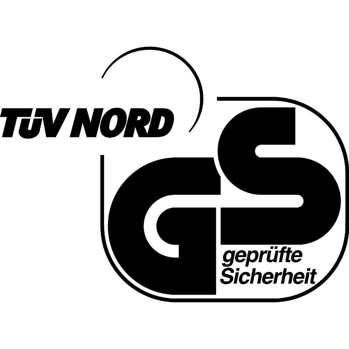 TÜV NORD GS Logo: ein schwarz-weißes Logo mit Text und einem Kreis mit den Buchstaben 'GS'.