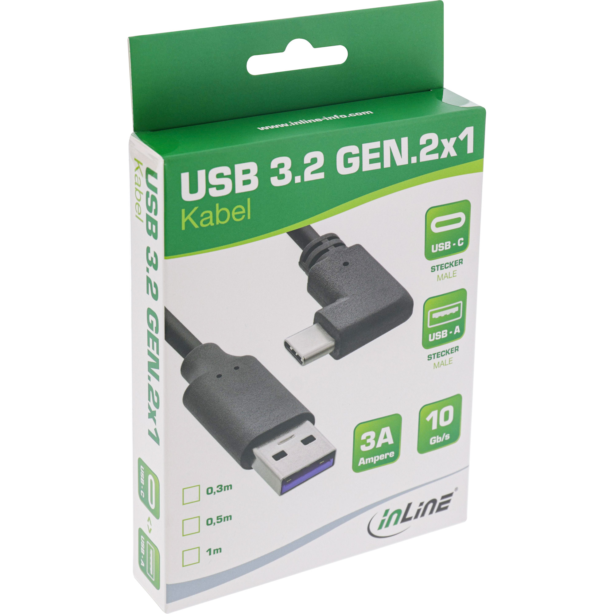 Scatola per un cavo USB 3.2, che mostra il cavo e i suoi connettori. La scatola evidenzia i connettori USB-C e USB-A.