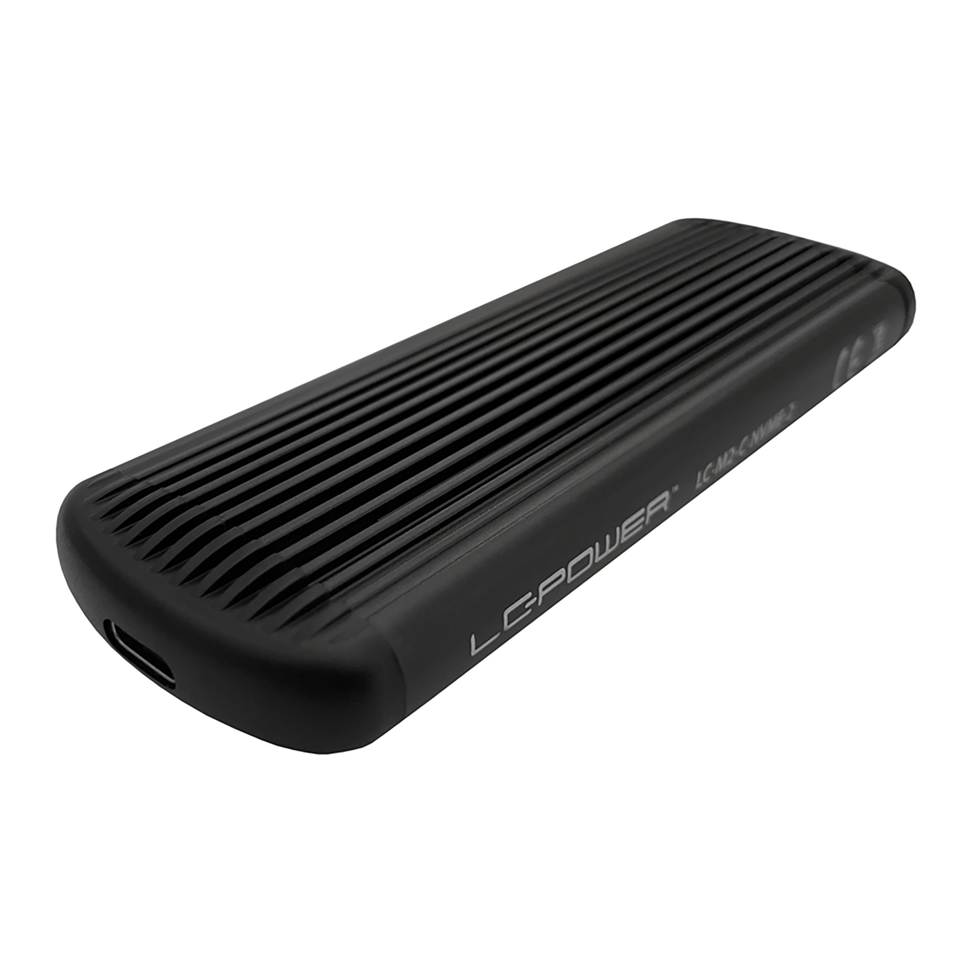 Un dispositivo nero, rettangolare con la parte superiore a coste, una porta USB-C. Il dispositivo è etichettato 'LC-POWER'.