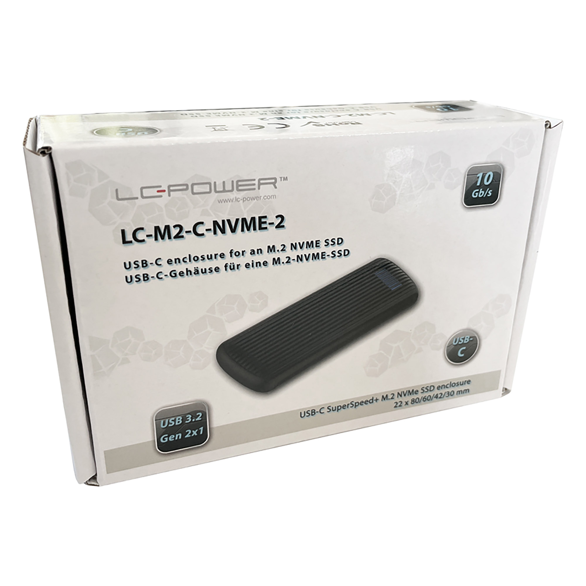 Una scatola bianca con la scritta "LC-M2-C-NVME-2" e l'immagine di un dispositivo nero. Alloggiamento USB-C per un SSD M.2 NVMe.