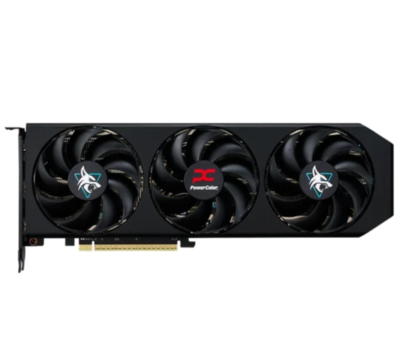Czarna karta graficzna z trzema wentylatorami. Każdy wentylator ma czarne łopatki. Środkowy wentylator ma czerwone logo.