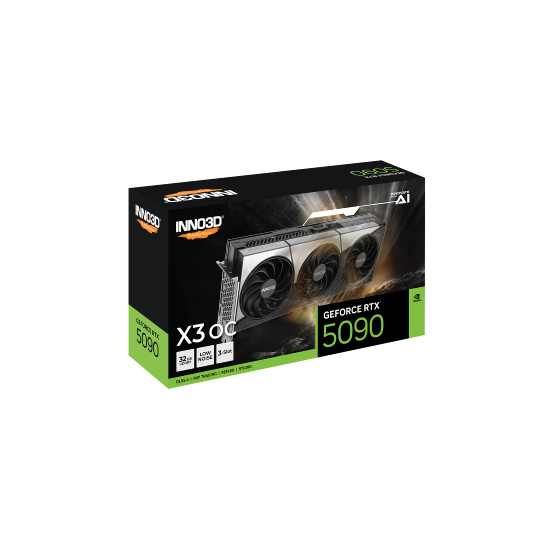 Box with graphics card, INNO3D and GeForce RTX 5090 labels, with a white background.